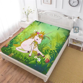 

Girls Princess Unicorn Bed Sheet Jungle Green Plant Leaves Print Fitted Sheet Sweet Cartoon Bedding Polyester Bedclothes D45