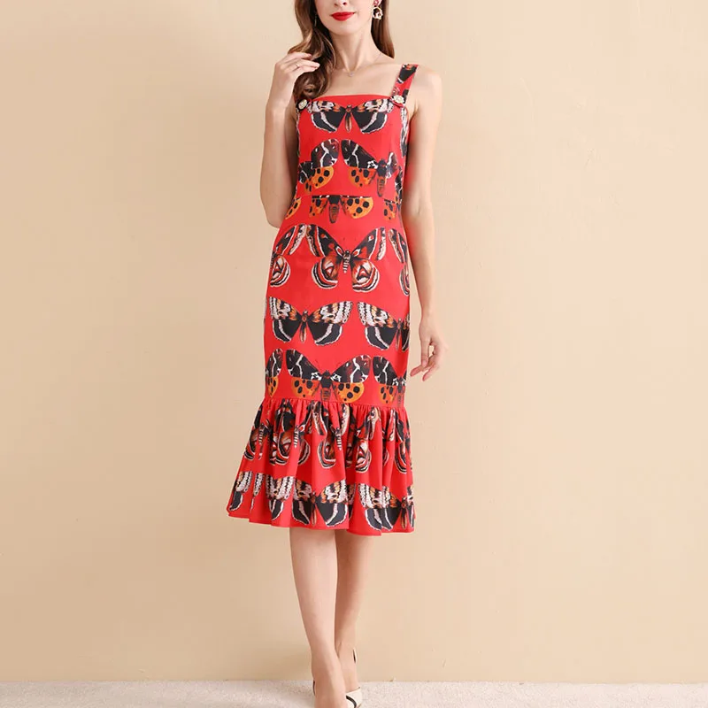 plus size dress red spaghetti dress butterflies print 2018 autumn women