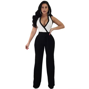 

Women Summer V Neck Sleeveless Jumpsuit with Belt Ladies Bodycon Striped Patchwork Jumpsuit Wide Leg Long Pants Black Bodysuit