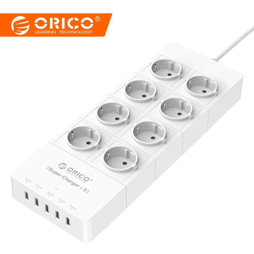 

ORICO HPC-8A5U EU US UK Plug 8 Outlet Surge Protector Power Stirp with 5 x 5V2.4A USB Super Charger Ports White Black