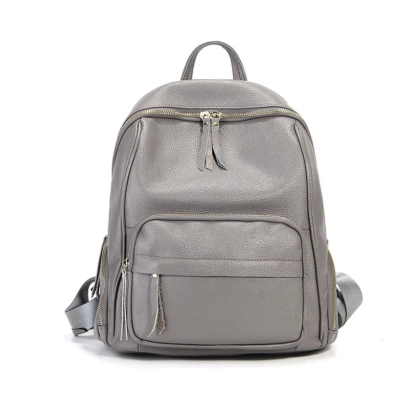 2021 Solid Color Large Women Backpack Simple Daily Genuine Leather