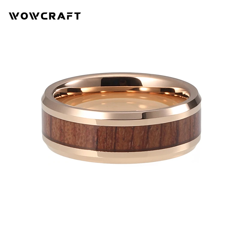 Rose Gold Tungsten Wedding Band for Women Men Tungsten Carbide Ring 8mm Real Nature Wood inlay with Bevel Edges Fashion Jewelry