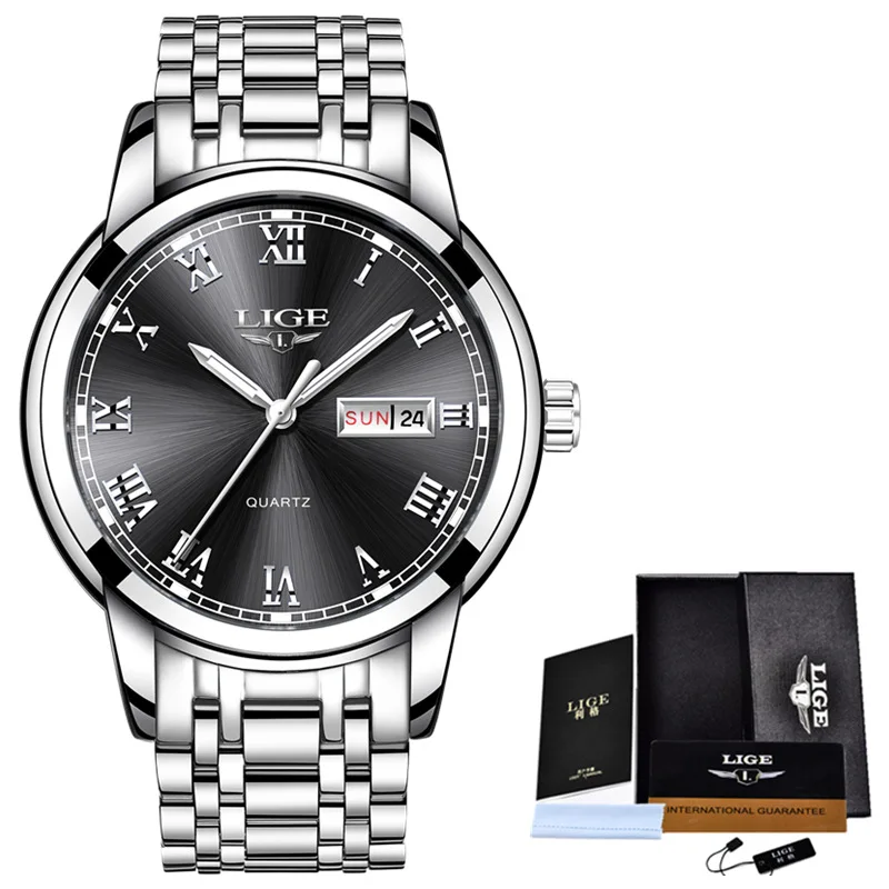 LIGE часы мужские модные спортивные Кварцевые полностью стальные золотые деловые мужские s часы Лидирующий бренд Роскошные водонепроницаемые часы Relogio Masculino - Цвет: Steel Silver Black