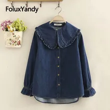 Ruffles Denim Shirt for Women Casual Femme Chemise Plus Size XXXL 4XL Turn-down Collar Loose Long Sleeve Blouse Shirt KKFY3248 trendy shirt collar long sleeve denim shirt for women