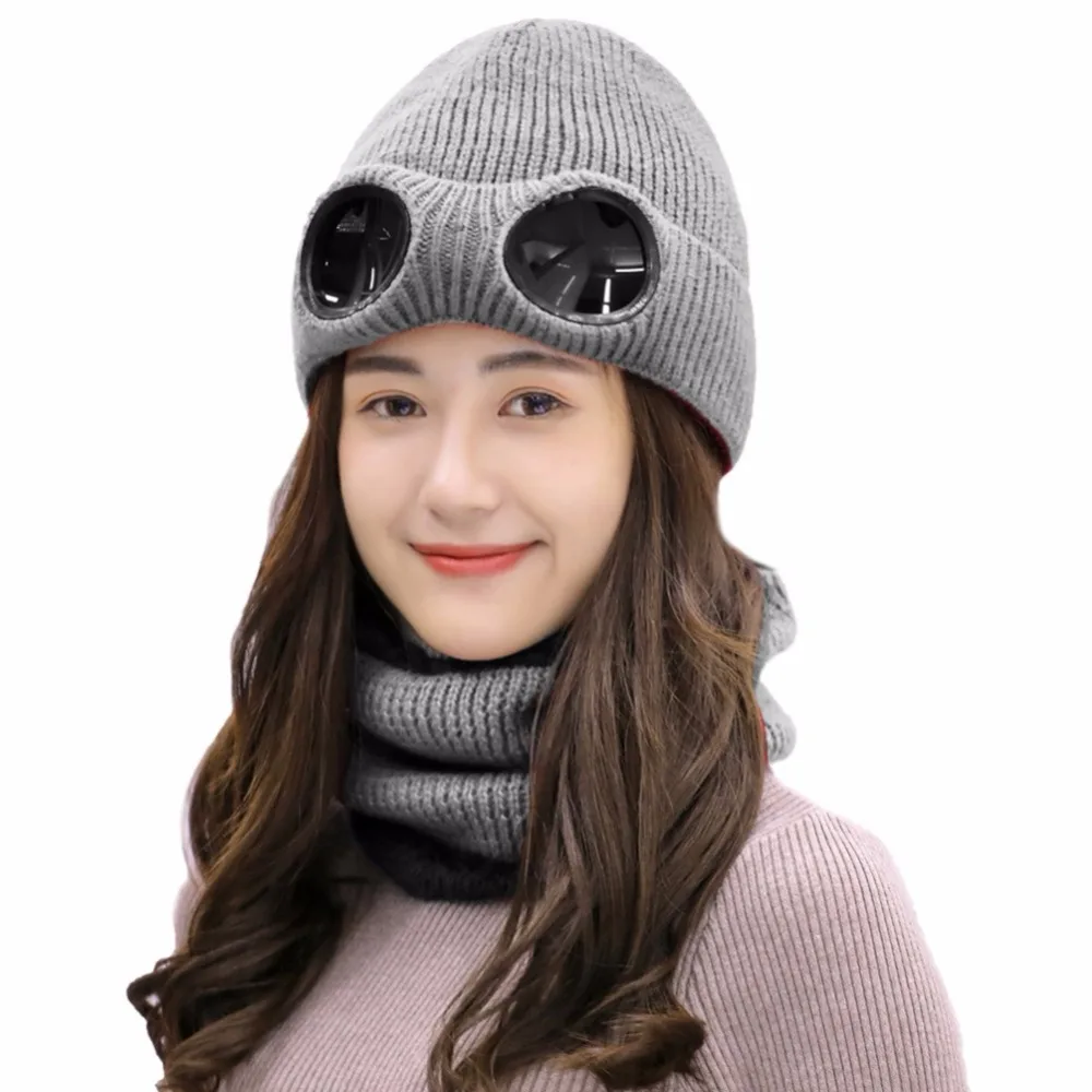 SYi Qarce, Модный комплект из 2 предметов, зимняя теплая вязаная шапка с шарфом, бини, Skullies, для женщин, мужчин, шарф, шапка со съемными очками