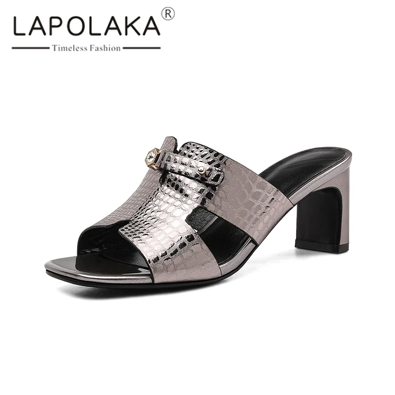 

Lapolaka 2019 New Brand Peep Teo Mules Women Summer Genuine Leather High Heels Slippers Women Shoes Woman