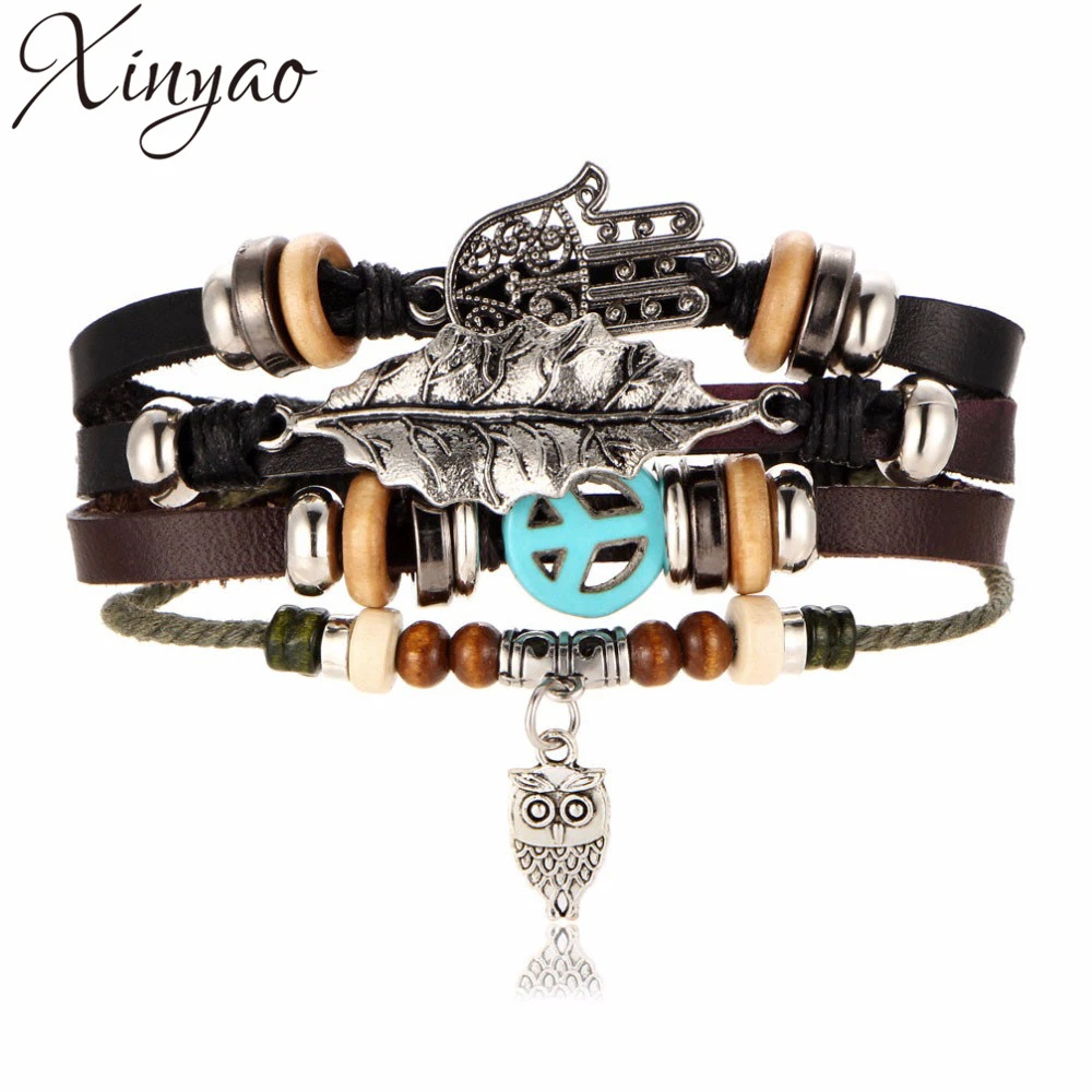 XINYAO 2017 Mano de Hamsa Pulseras para Hombres Mujeres Pulsera De Moda Femenina Pulsera de Cuero Búho Hojas Vintage Punk Joyería|Pulseras de -