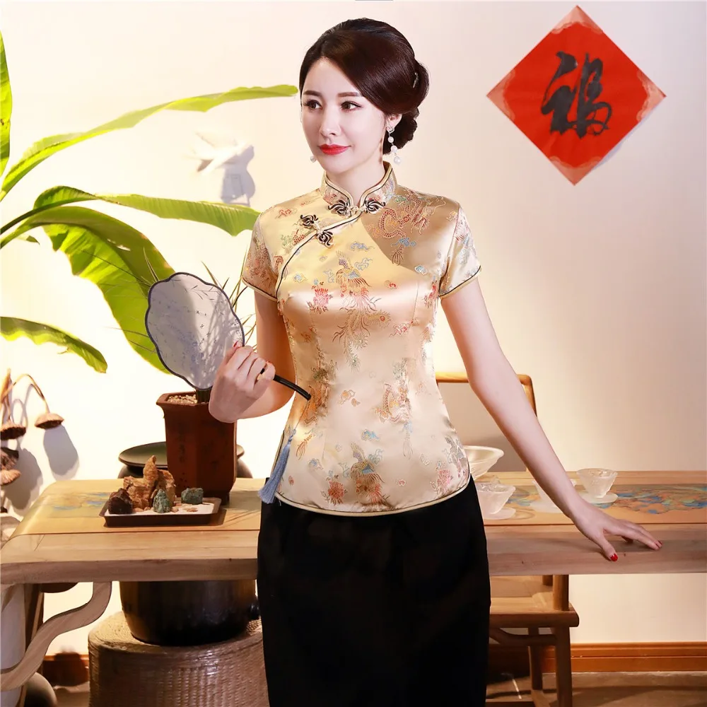 Шанхай история короткие Cheongsam Топ Традиционный китайский искусственный шелк/Атласный топ Дракон и Феникс Вышивка Блузка Топ Qipao рубашка