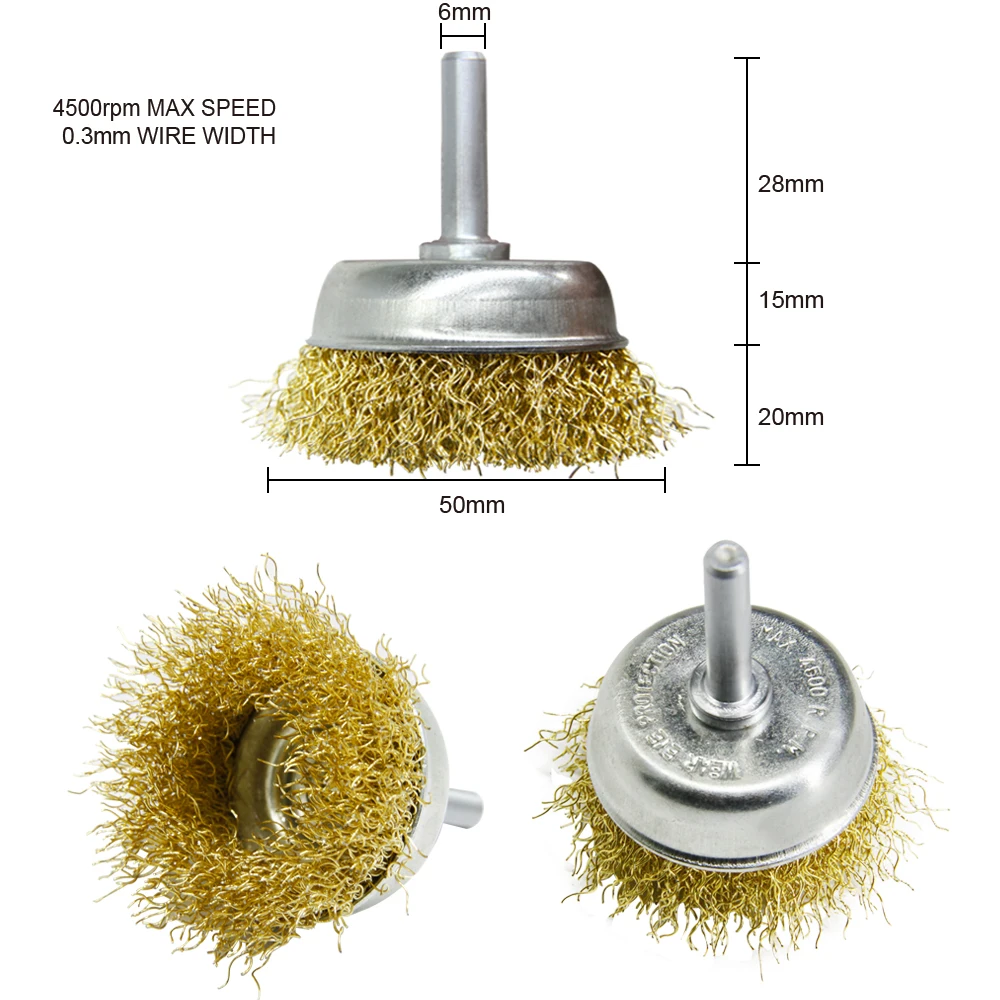 TASP 3 шт. проволочный набор кистей с медным покрытием, гофрированные стальные колеса, инструмент для чистки с 6 мм круглым хвостовиком для сверл