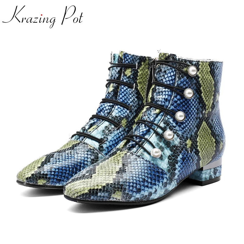 

Krazing Pot 2019 cow leather round toe elastic band pearl low heels plus size career office lady Winter luxury ankle boots L82