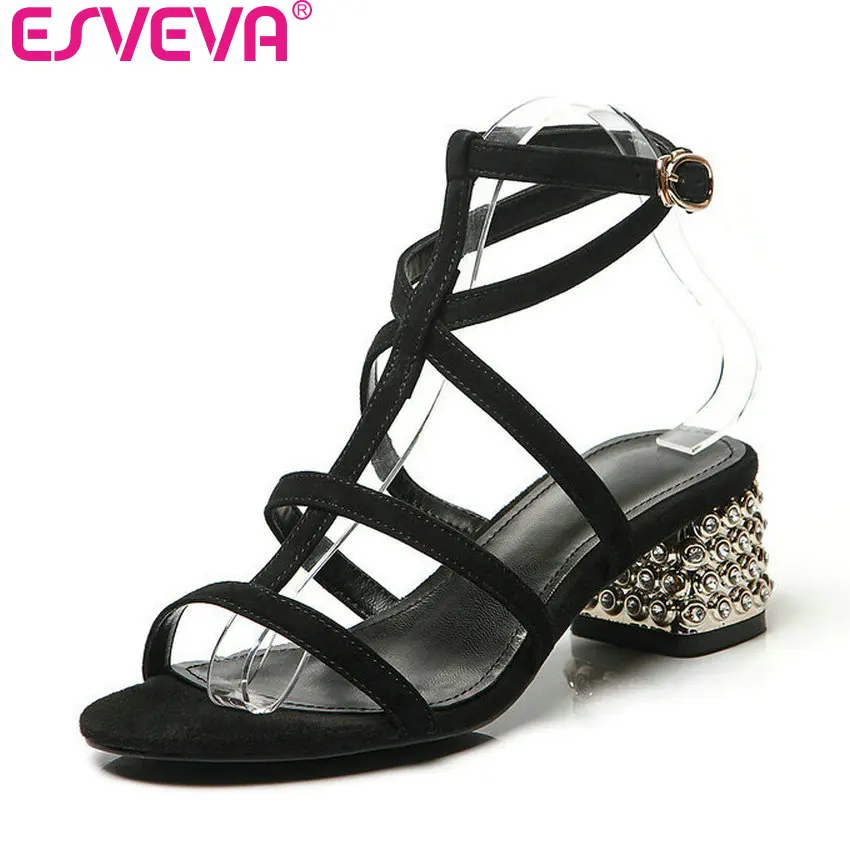 

ESVEVA 2017 Women Pumps Rome Style Genuine Leather Summer Shoes Wedding Women Shoes Rhinestone Square Med Heel Pumps Size 34-39