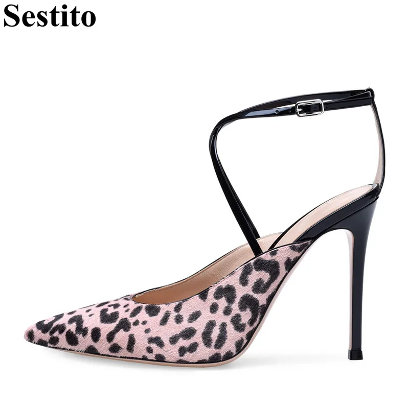 

Fashion Pink Leopard Cross-tied Casual Pumps Pointed Heels Super High Thin Heels Women Pumps Buckle Strap High Heels Women Shoes