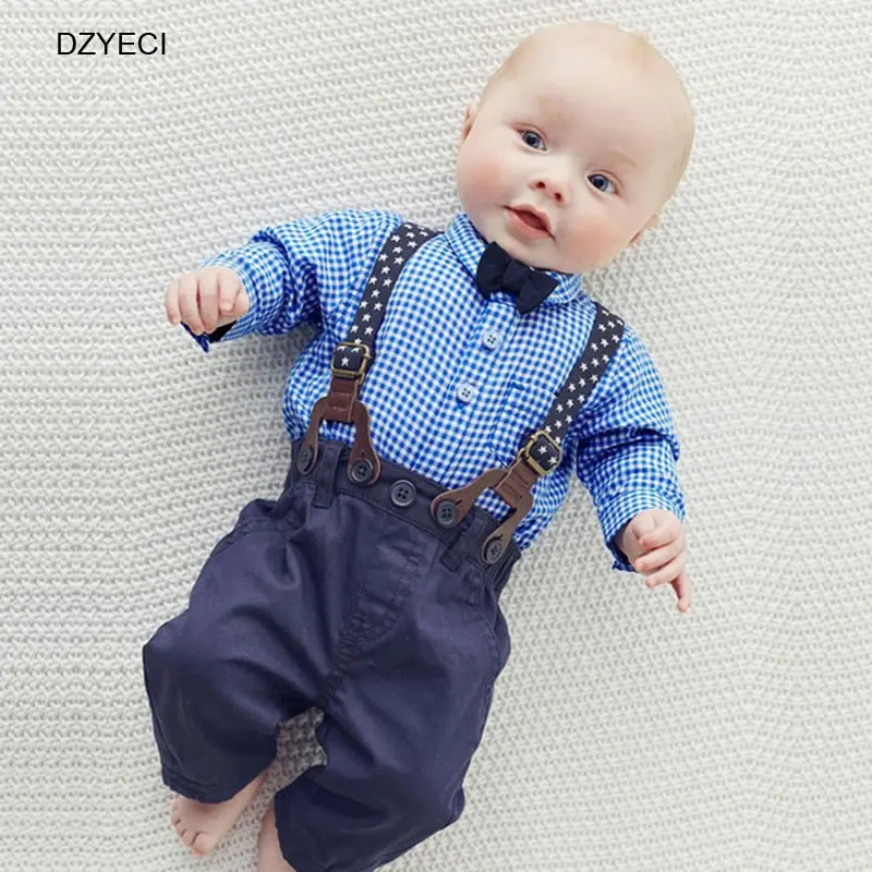 

DZYECI 2pcs Baby Boy Kid Sling Set Cloth Korean Toddler Bow Tie Plaid Shirts Top+Suspender Pant Trouser Outfit New Born Wedding