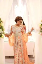 2016 Muslim Evening Dresses A-line V-neck Orange Chiffon Appliques Bead Islamic Dubai Abaya Kaftan Long Evening Gown Prom Dress