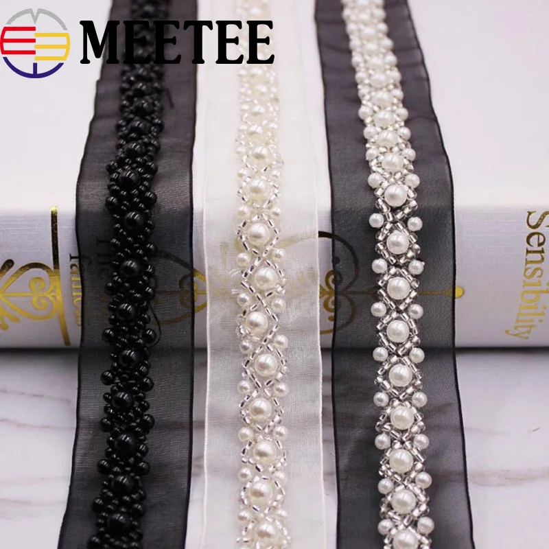 

Meetee 2Yards 3cm Pearl Beaded Lace Trims Mesh Net Cloth Ribbon Fabric Shoes Cap Sewing Trimming DIY Crafts KY365