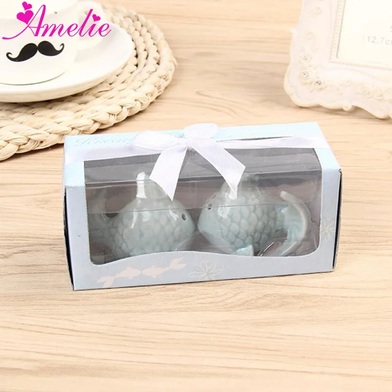 

50sets Birthday Souvenirs Porcelain Cruet Set Salt and Pepper Shaker Kissing Fish Spice Jar Wedding Favors Guest Gifts
