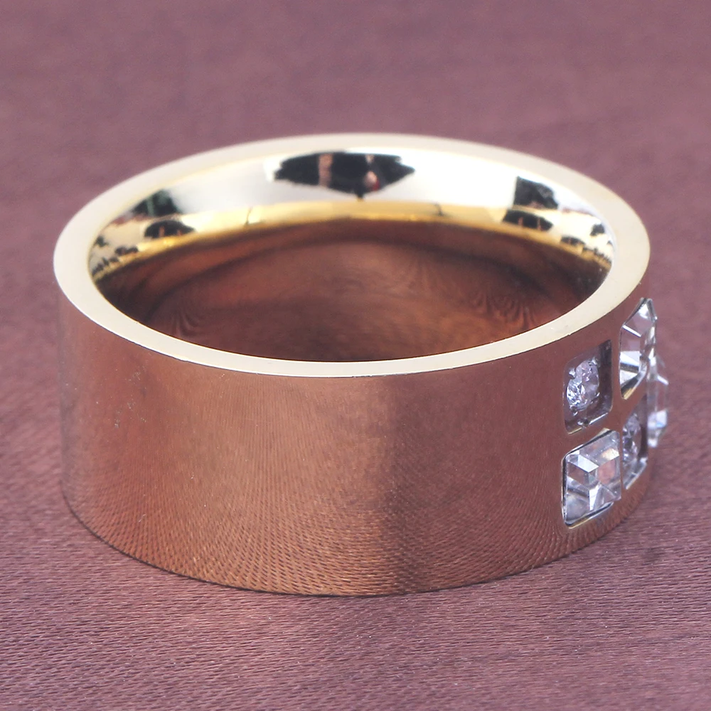 Кричать золото Цвет кольцо Для женщин обручальное 10 мм из полированной нержавеющей стали кольцо с камнями циркон