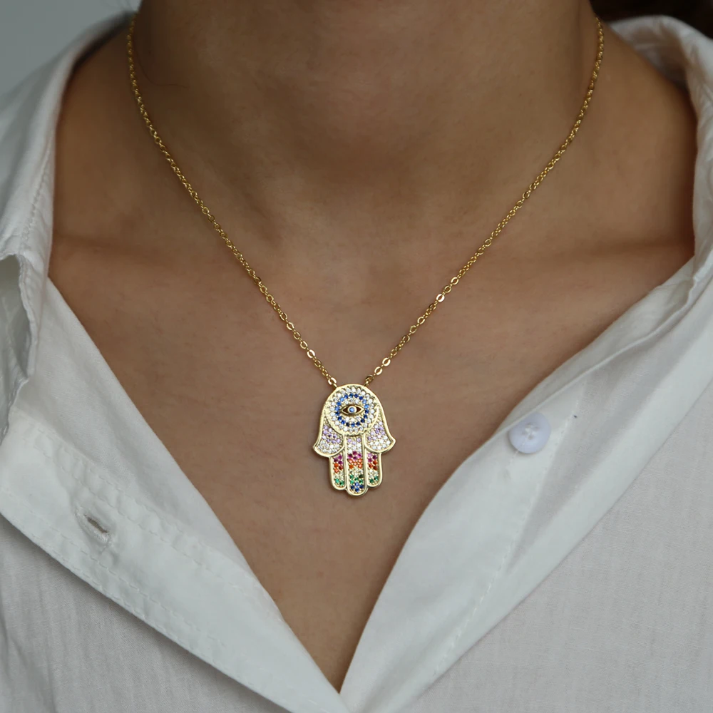 BohoTurkish Хамса рука сглаза кисточкой многослойное золотое ожерелье Радуга cz чокер кулон для женщин шеи колье