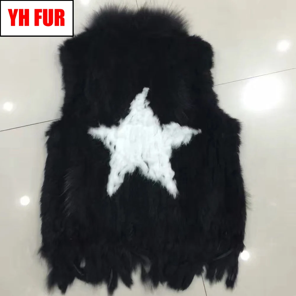 

2019 Women Rabbit Fur Vests 100% Real Genuine Rabbit Fur Knitted Gilet with tassels Raccoon Fur Collar Coat Wholesale Retail