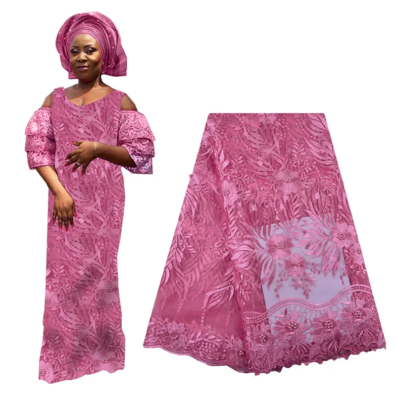 

2019 Latest 3D Flower Lace Fabric High Quality French Net Lace Fabric with Beads African Tulle Lace Fabric for Woman Dress