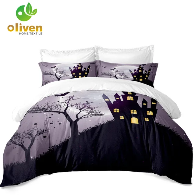 night church bedding set tree bat print halloween duvet cover pillowcase soft bedclothes home decor bed