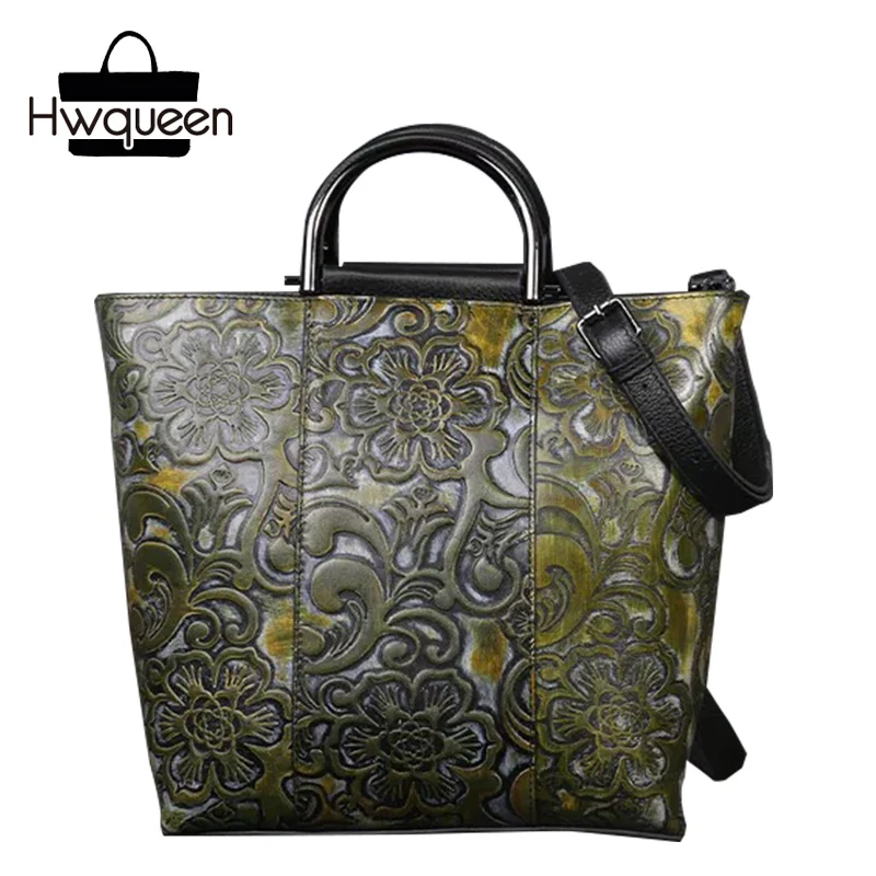 

Vintage Hand Painting Genuine Tanned Leather Metal Handle Female Handbag Embossed Flower Designer Lady Single Cross Shoulder Bag