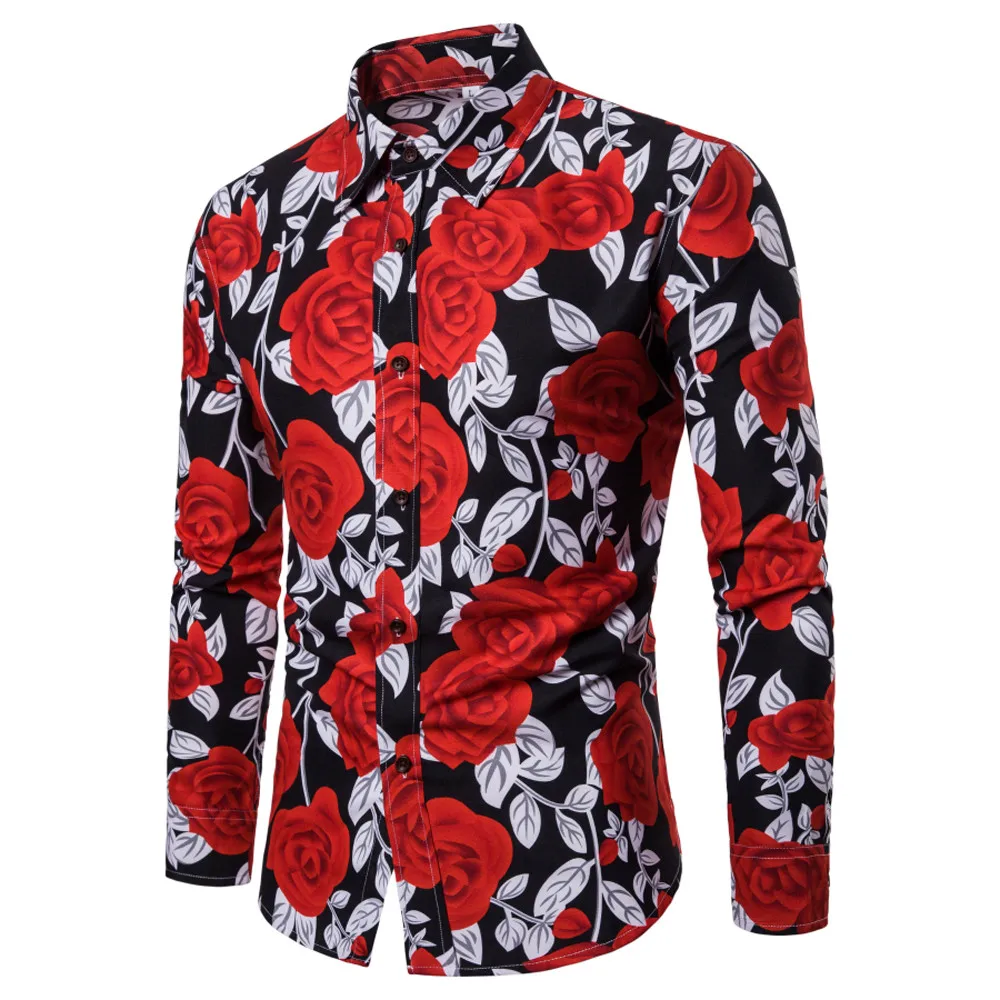 Men Clothes 2018 Flower Printed Blouse Autumn Casual Long Sleeve Slim ...