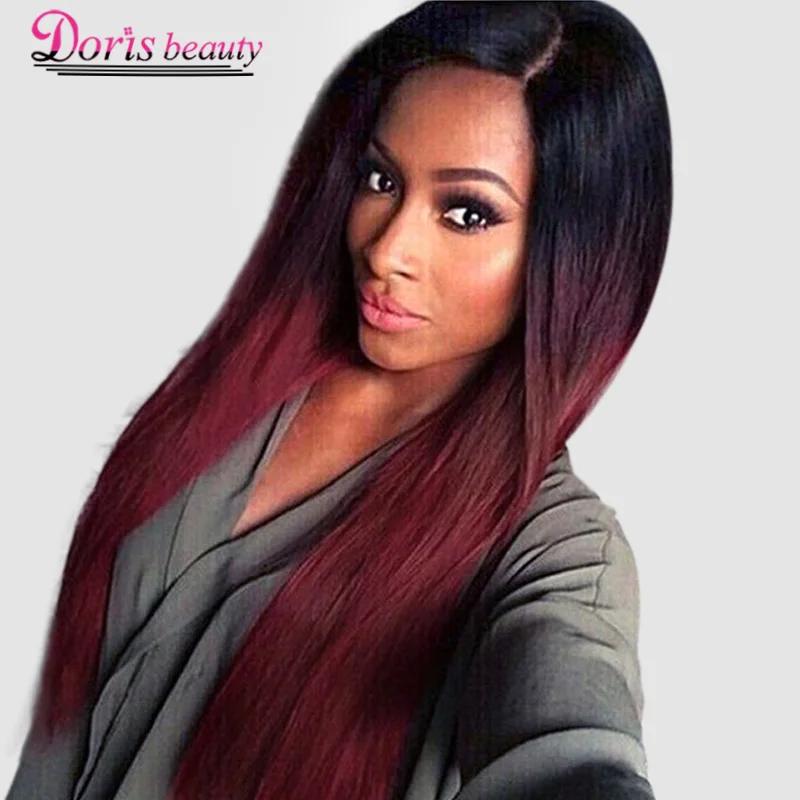 

Doris beauty Long Straight Ombre Black Red Wigs for Women with Middle Part Synthetic Cosplay Blonde Pink Brown Gray Green