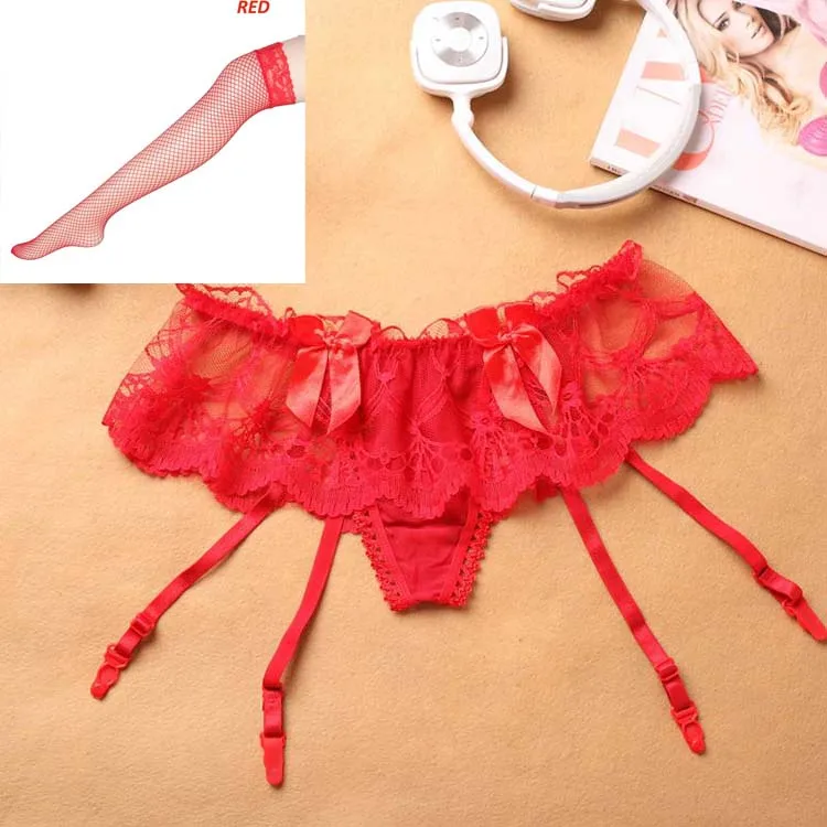 

Fashion Women Sheer Net Lace Tighs Charming Lace Sexy Lingerie Pantyhose T-Back G-String+Stockings+Garter Belt Set