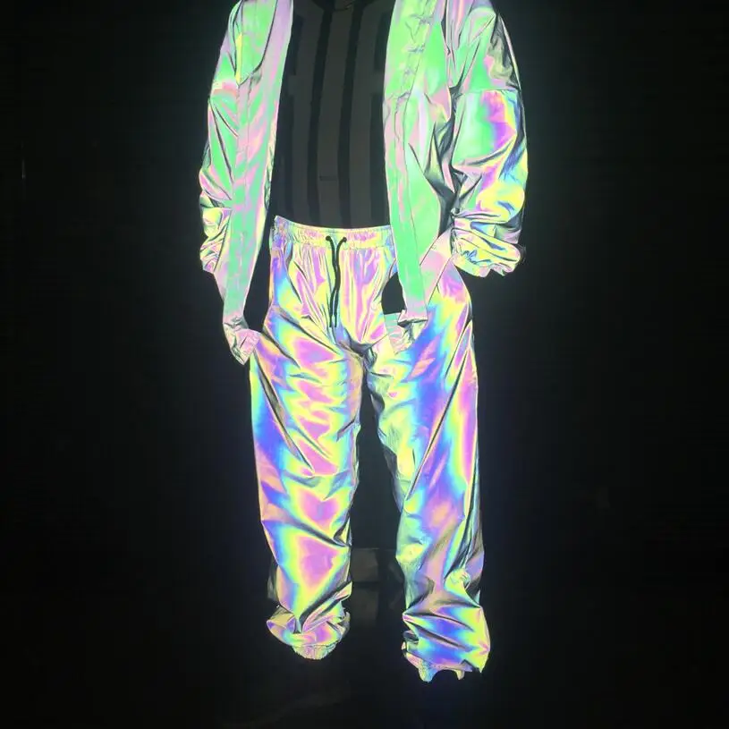 Techwear Style Rainbow Color Reflective Pants Men Women Punk Hip Hop Reflect Light Joggers Outdoor Casual Sport Windproof Pants 2