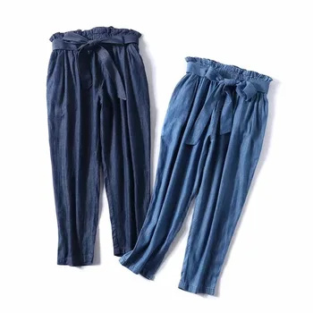 

47921 new bow elastic waist bandwidth loose high waist wide leg pants women's jeans nine pants long