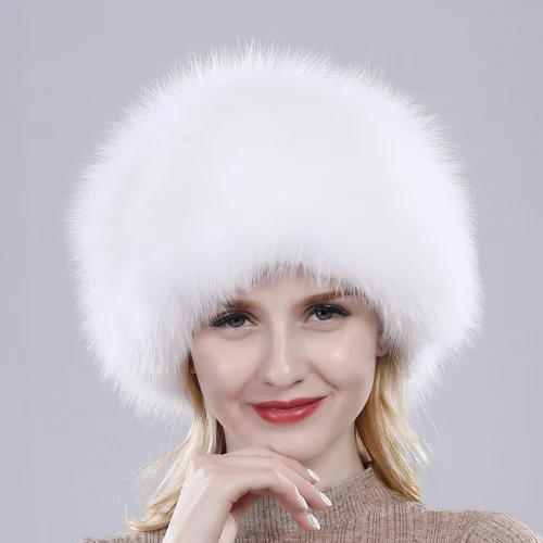 Russian Winter Natural Fox Fur Hat Warm Soft Fluffy Real Fox Fur Bomber Hats Luxurious Women Quality Handmade Real Fox Caps - Цвет: White