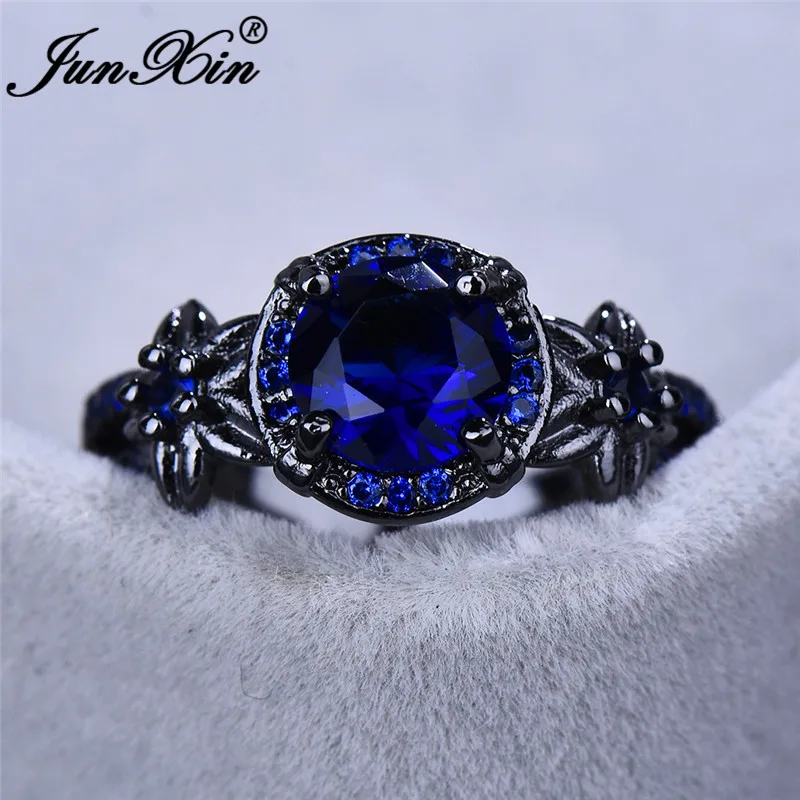 JUNXIN Boho Female Flower Star Rings For Women Black Gold Filled Royal Blue Red Pink Purple Zircon Stone Wedding Ring Jewelry