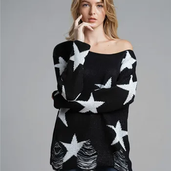 

Women's sweater 2019 autumn and winter pullover sweater large size loose hole decoration trendy long-sleeved sweater