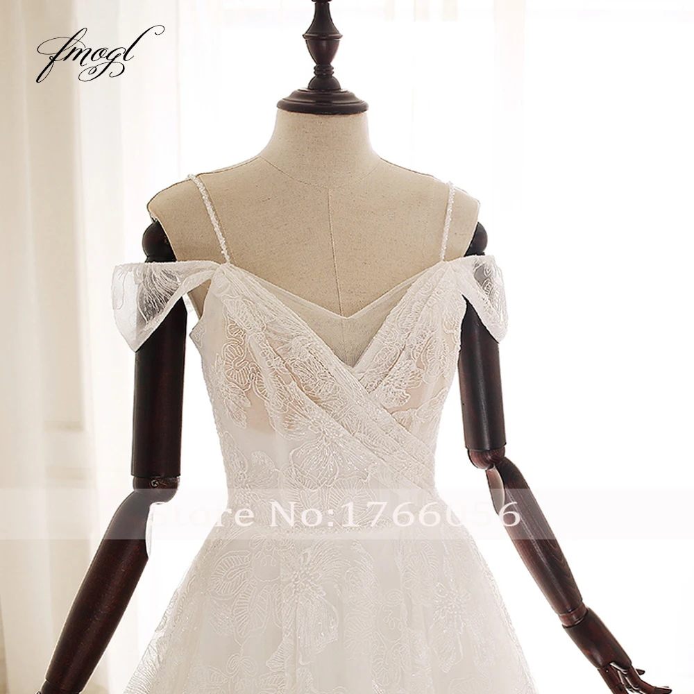Fmogl Vestido De Noiva сексуальные кружевные свадебные платья с открытой спиной V шеи Спагетти ремни бисерные Плиссированные линии свадебное платье