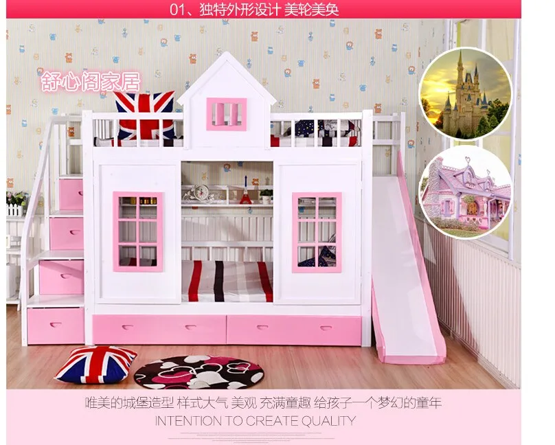 Children Bunk Bed Wooden 2 Floor Ladder Ark With Slide Bed Pink