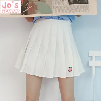 

Skirts Women High Waist Mini Denim Skirts Strawberry Fruit Cute Pleated Skirt Harajuku Japanese School Uniform Skirt