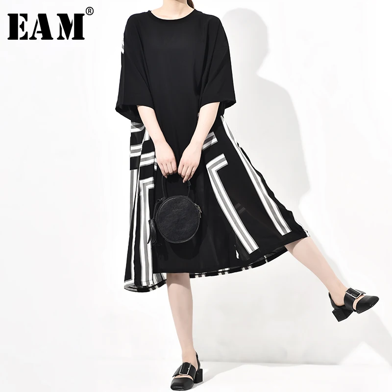 

[EAM] 2019 New Spring Summer Round Neck Half Sleeve Black Striped Split Joint Loose Big Size Dress Women Fashion Tide JO4810