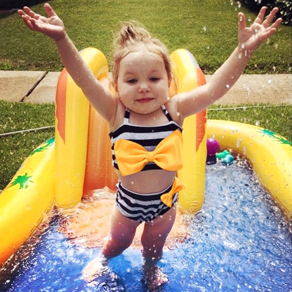 Baby Girl Swimwear Girls Clothes Baby Girl Bowknot Swimsuit Beach Fahion Striped Two Pieces Swimwears+Shorts Set J25#2