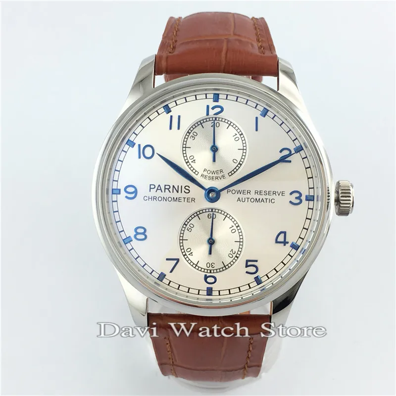 

Parnis 43mm steel case silver dial leather strap Power Reserve Chronometer Automatic Seagull2542 mens Watch