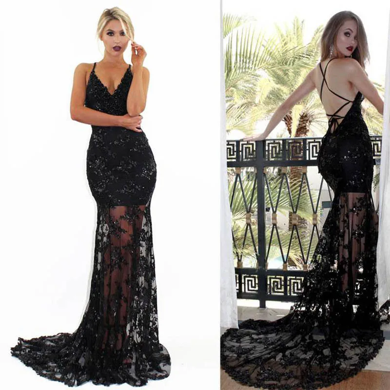 

women summer maxi v neck dinner dresses black robe femme sexy backless bandage mesh see through reflective sequin floral dress