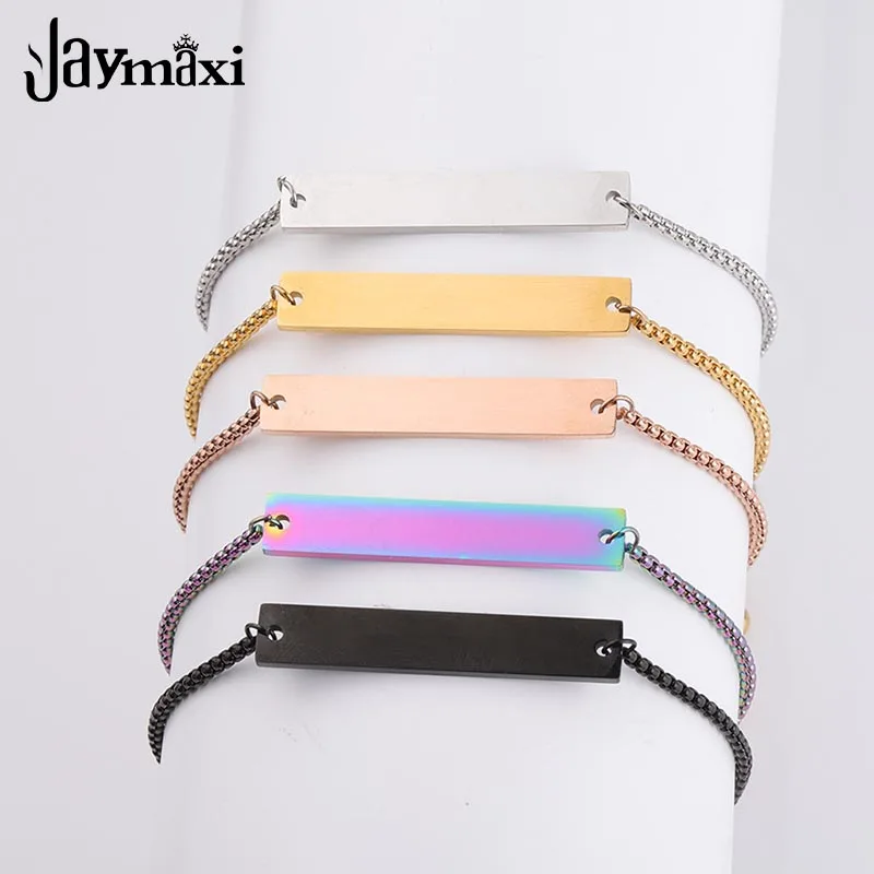 

Jaymaxi Engraved Bar Bracelet Strip Lettering Adjustable Stainless Steel Bolo Chain New Arrival DIY Jewelry 5Pieces/lot