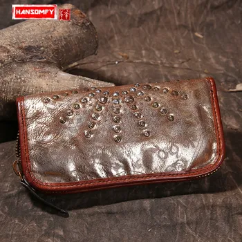 

Europe and the United States retro genuine leather printed rivet long zipper hand wallet large capacity men and women wallets
