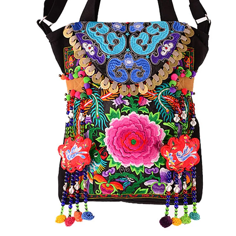 Bohemia Thailand India embroidery canvas Bag original Vintage beaded tassel embroidered cloth pompon Shoulder Messenger Bags