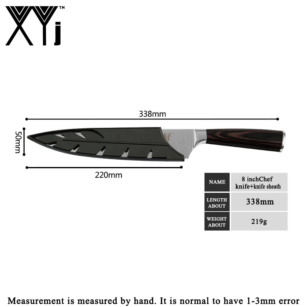 XYj 8 inch Stainless Steel Chef Knife Damascus Pattern Blade Color Wood Handle Kitchen Cooking Knives Meat Fish Tools Accessory