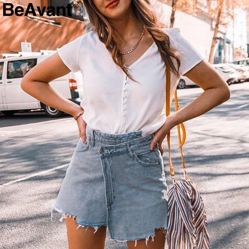 

BeAvant High waist short denim skirt women 2019 Summer casual mini jeans skirt female Asymmetrical button ladies skirts bottom