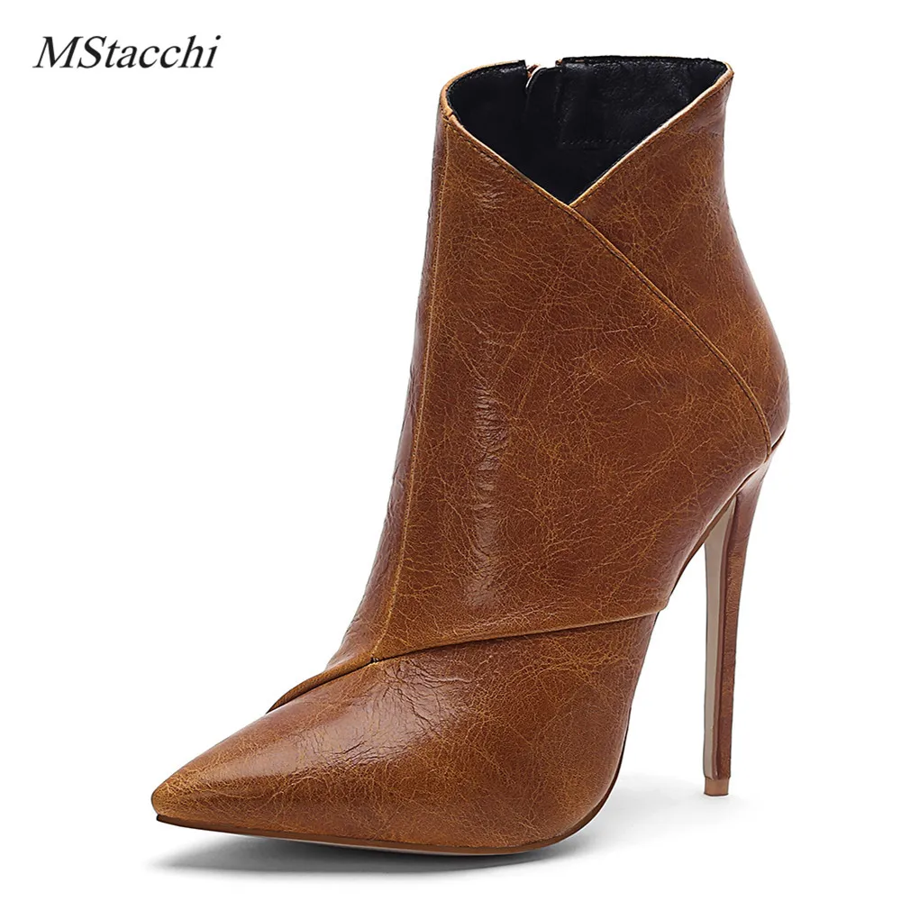 

Mstacchi Quality Thin High Heels Faux Leather Zipper Boots Sexy Pointed Toe Black Stiletto Heels Ankle Booties Plus Size 34-45
