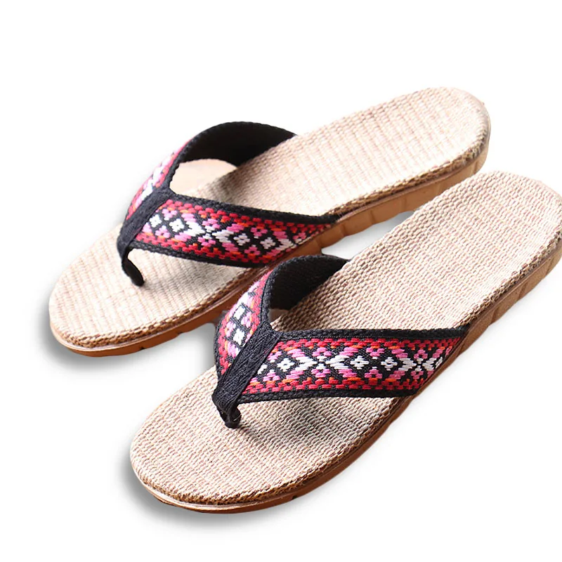 

New Summer Linen Women Slippers Ethnic Lattice Fabric Eva Flat Non-Slip Flax Flip Flop Home Slides Lady Sandals Straw Beach shoe