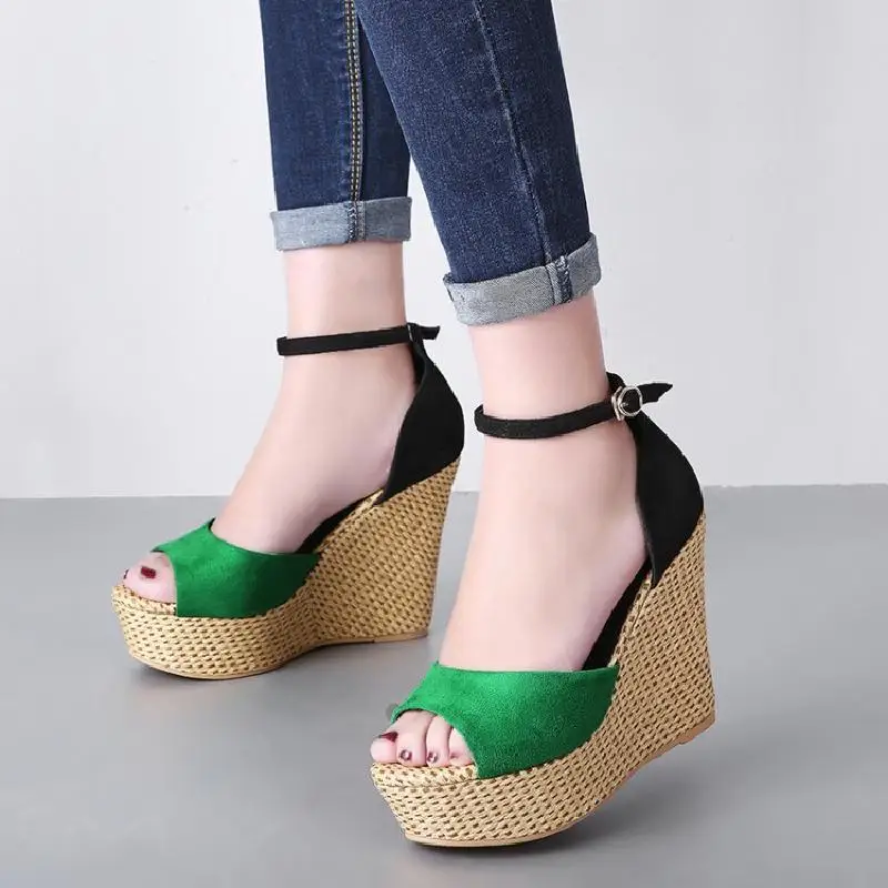 Fashion Women High Heels Summer Sandals New Arrival Open Toe Straw Wedges Platform Buckle Strap Casual Shoes Woman Green Black (21)