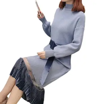 

2019 Women Autumn Long Dress Elegant Belt Long Sleeve Turleneck Loose Warm Waist collection Patched Knit Streeetwear Dress X80
